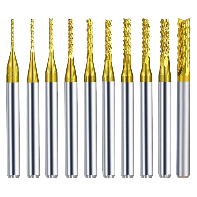 

10 Pcs 0.8mm-3.175mm Titanium Coated Carbide Milling Cutter Engraving Edge Cutter CNC Router Bits End Mill For Machine Tool