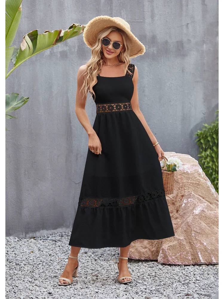 

Summer New Women's Pure Color Hollow Lace Patchwork Square Neck Sleeveless Camisole Dress Comfortable Casual Women's Dresses