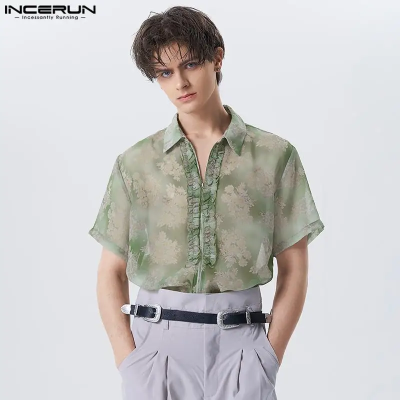 

2023 Men Shirt Printing Transparent Lapel Short Sleeve Streetwear Ruffle Men Clothing Loose Sexy Summer Camisas S-5XL INCERUN