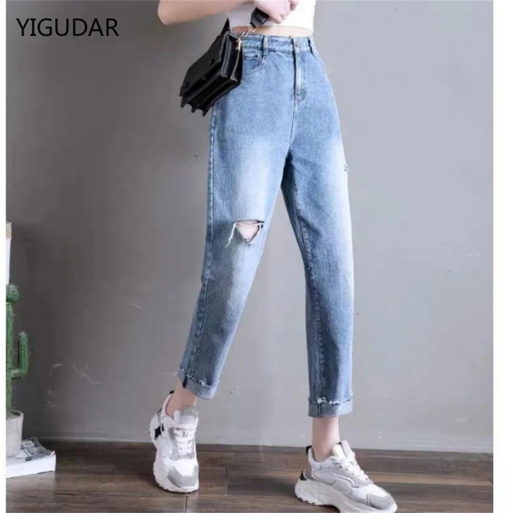 Женские джинсы Rippped, уличные джинсы, укороченные джинсовые брюки до щиколотки, женские спортивные брюки, весенние корейские женские повседневные облегающие шаровары