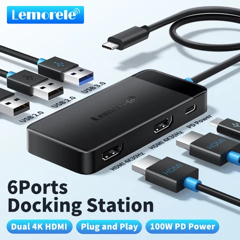Lemorele TC122 USB C Hub dual HDMI 4K Estação de encaixe USB 3.0 PD 100W Tipo C Porta para MacBook iPad M2 M1 Steam Deck
