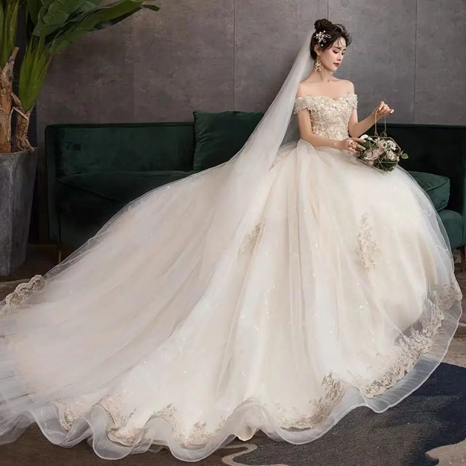 

Main Wedding Dress 2022 New Style Tailing Temperament Flat Shoulder Covering Thick Arm Small Bride Star Wedding Dress