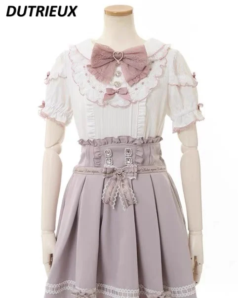 

Japanese Style Rojita Blusas Top Sweet Cute Lace Round Neck Love Bow Short Sleeve Shirt 2023 Summer New Elegant Blouse for Women