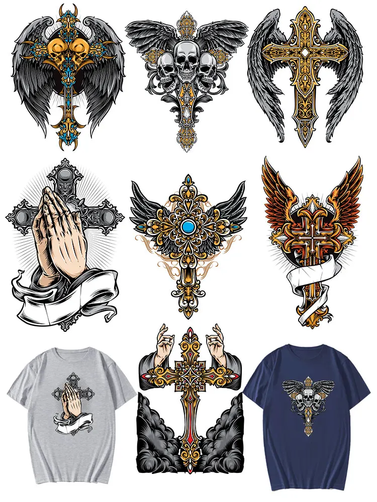 

Cool Steampunk Cross Skull Thermo Sticker Iron Patches Heat Transfer Men Shirt Dipped DIY Applique Parches Thermo Stripes Decals