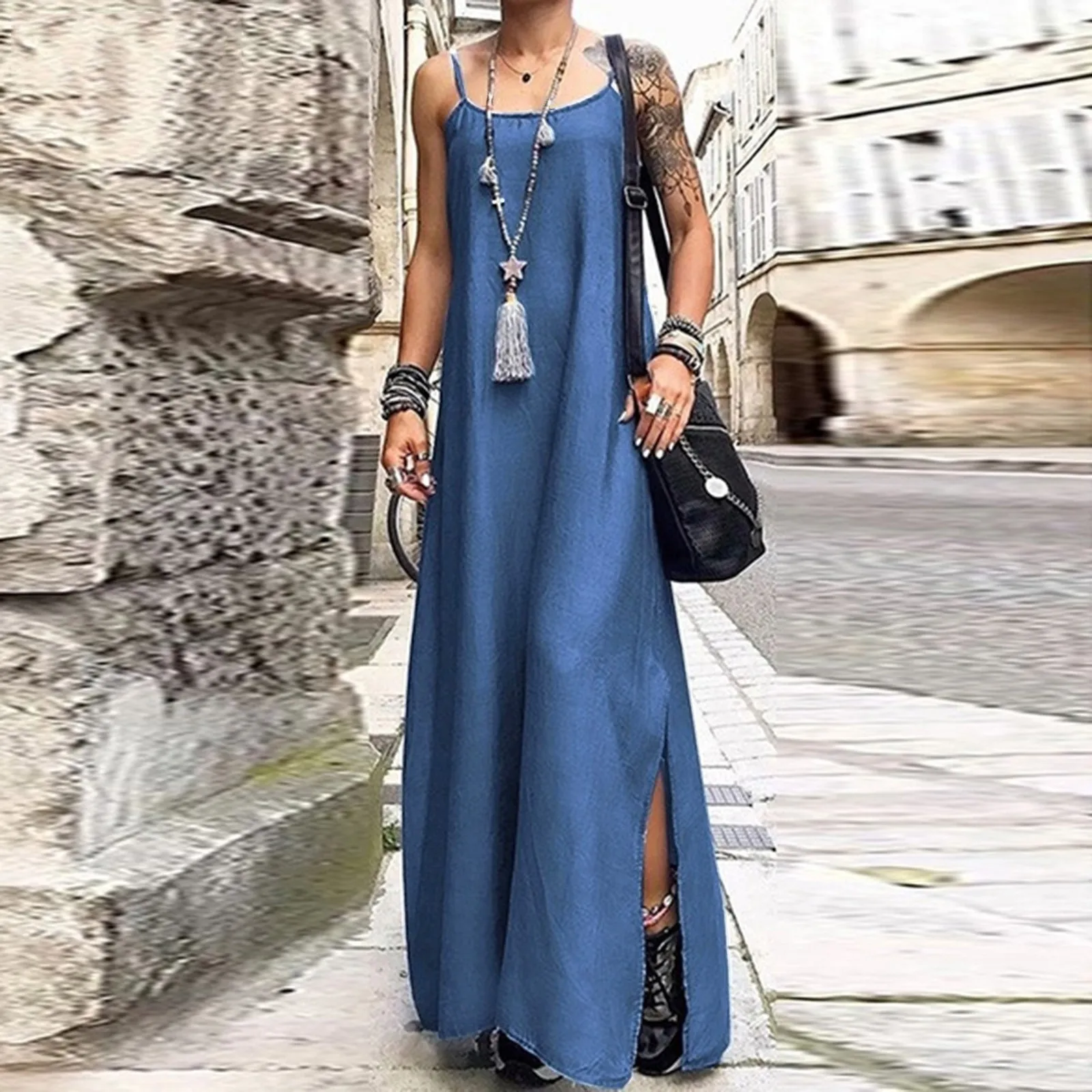 

Ladies Classic Blue Sling Sexy Denim Dress Long Dress