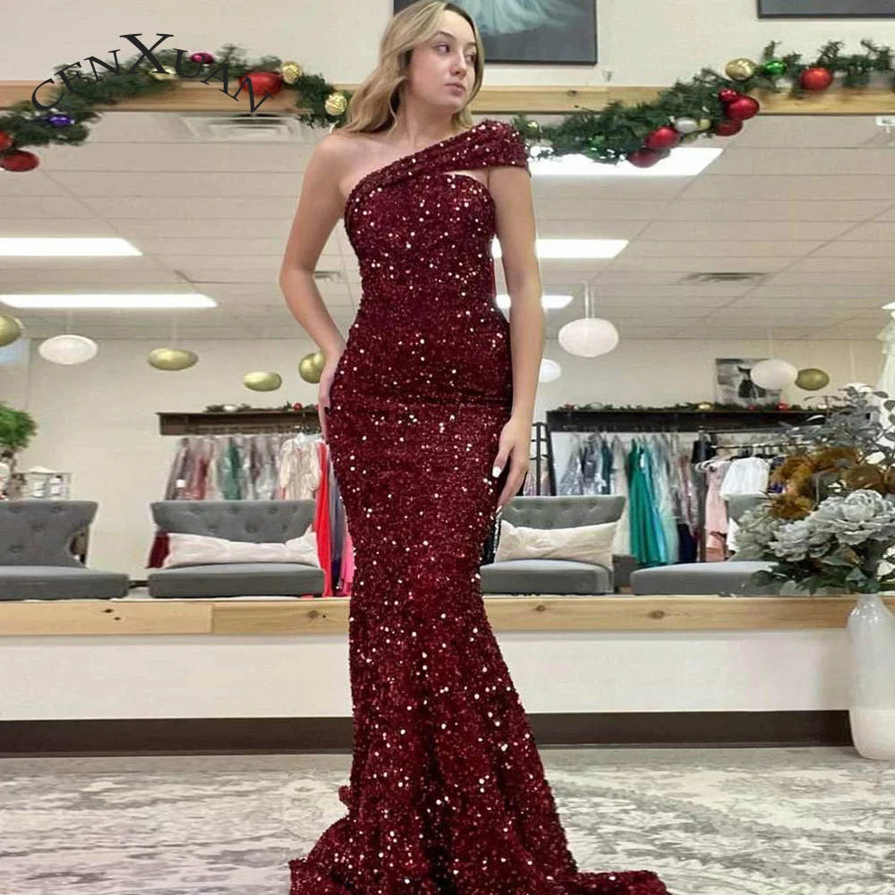 

CENXUAN Fancy Mermaid Party Dresses Sequined One-Shoulder Sleeveless Sweep Train Backless 2023 Vestido De Noite Personalised