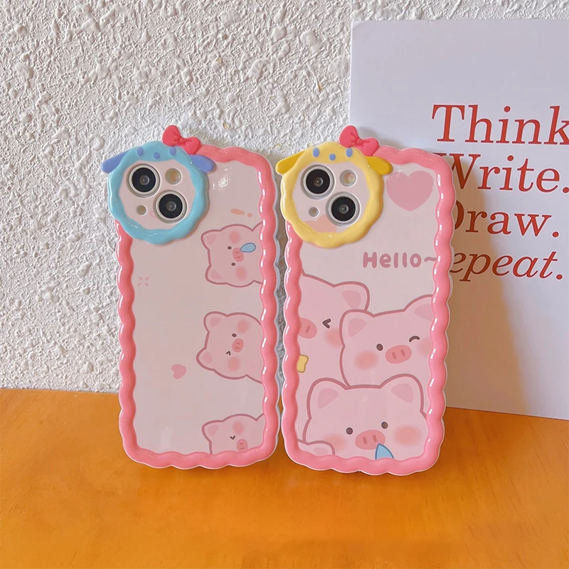 

For IPhone 11 Case 13 Pro 14 12 X XS Max XR Cartoon Cute Pig Pattern Cellphone Cover Cat Lens Wavy Phone Shell Coque Funda Capa