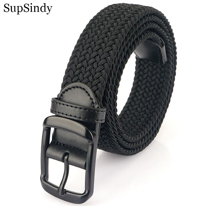 SupSindy New Men Weave Stretch Elastic Nylon Belt Black Metal Pin Buckle Canvas Belts For Women Jeans Waistband Golf Male Strap