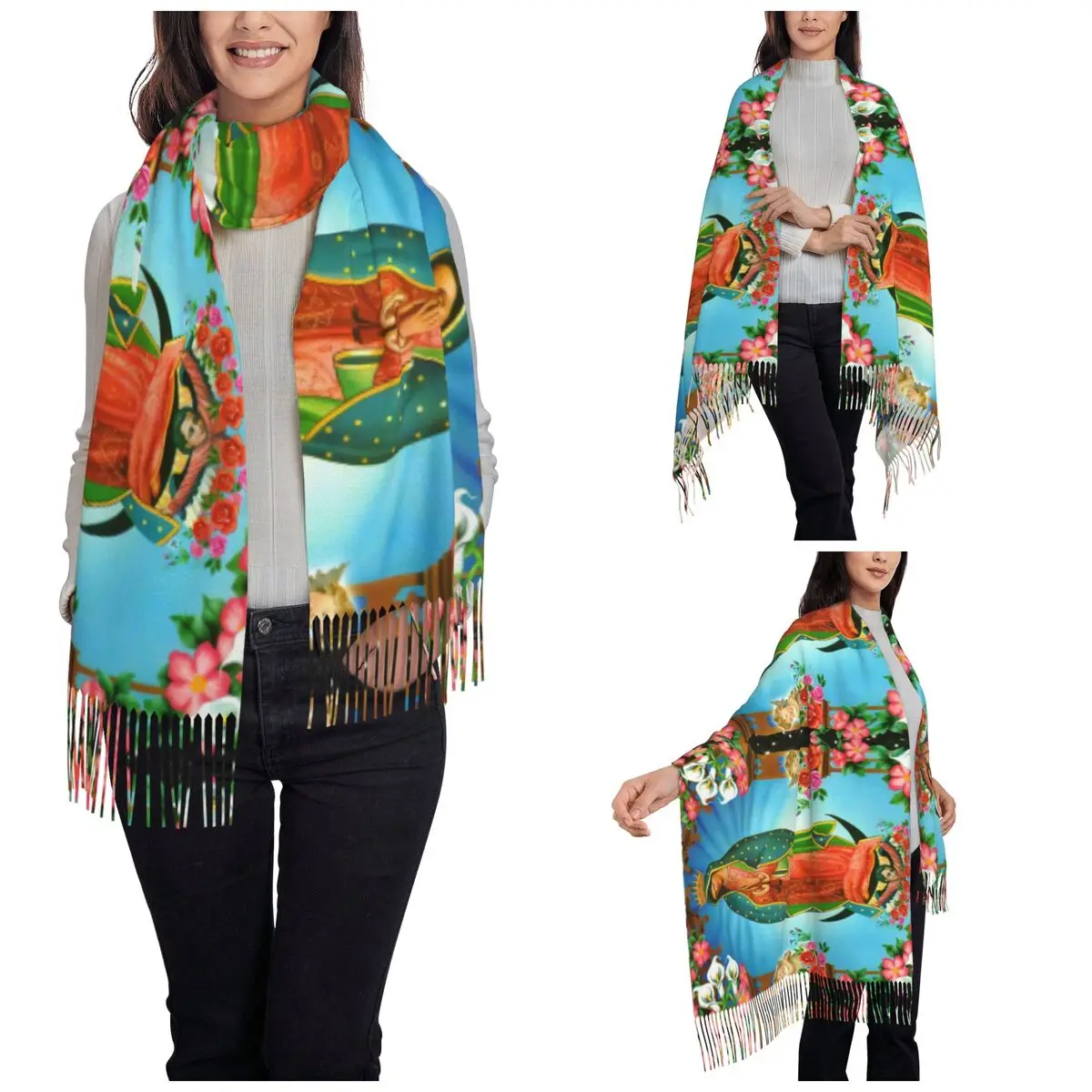 Женский теплый зимний шарф Дева Мария длинные шарфы с кисточками для вечернего