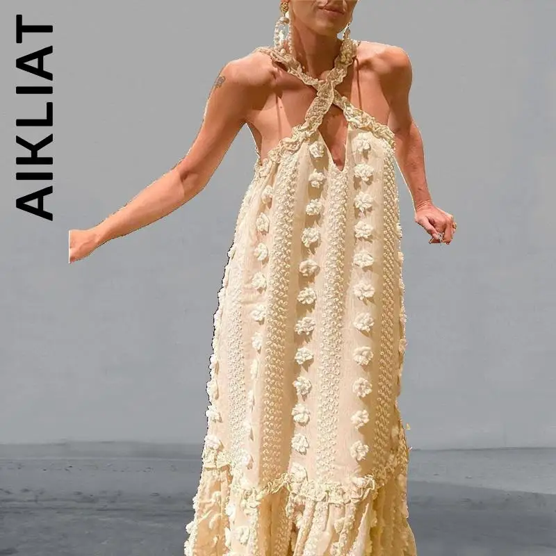 

Женское длинное пляжное платье Aikliat, летнее ажурное платье-макси без рукавов с рюшами и лямкой на шее, 2022