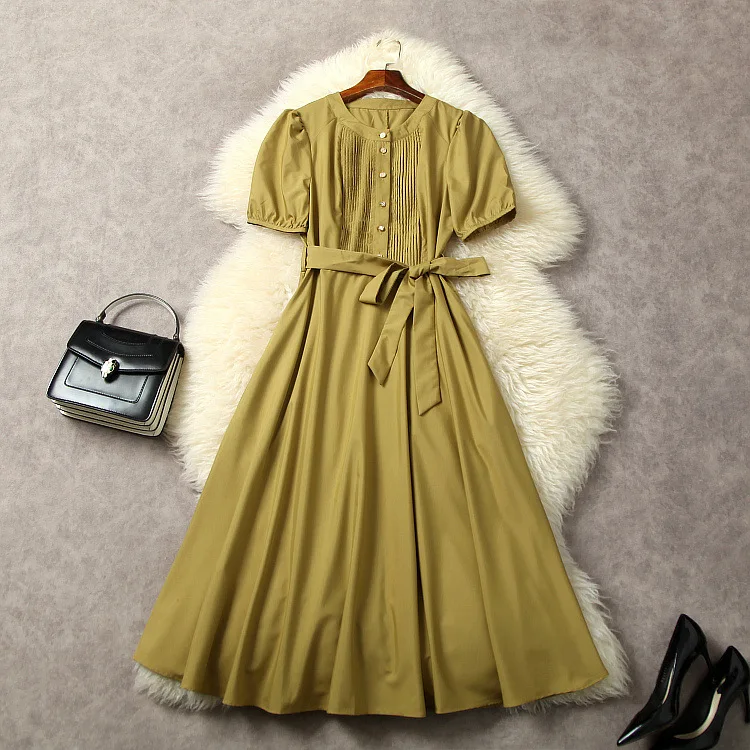 European and American women's clothes 2023 summer new Round neck and short sleeves Fashion belt Pleated Dress