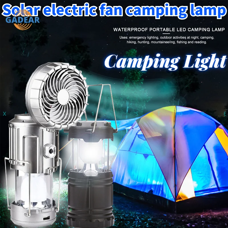 

LED Solar Camping Lights Portable with Fan Solar Charge Rechargeable Night Light Hanging Tent Fish Flashlight Multifunction Lamp