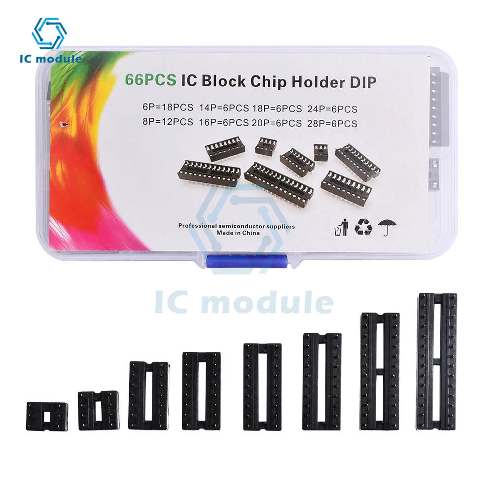 

66PCS/Lot DIP IC Sockets Adaptor Solder Type Socket Kit 6 8 14 16 18 20 24 28 Pin DIP-8 16-Pins DIP8 DIP16 IC Connector DIY KIT