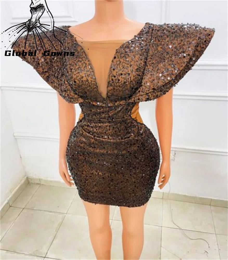 

Aso Ebi African Mermaid Short Prom Dress Sequined Formal Dresses O Neck Party Gowns Black Girls Mini Cocktail Robe De Bal