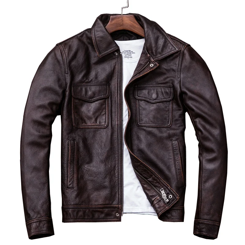 

Мужская винтажная куртка из натуральной кожи, коричневая или красная куртка из 2022 воловьей кожи, пальто для осени, 100%