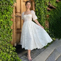 yipeisha cute ivory lace prom dress vintage tea length party gown little white dress a line puff sleeves cocktail wear