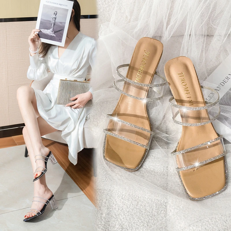

Luxury Rhinestone Transparent PVC Slippers Women 2022 Shiny Summer Beach Sandals Shoes Women