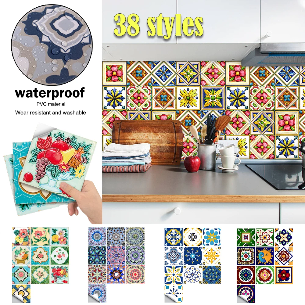 

10/15/20cm Tile Sticker Kitchen Backsplash Glossy Wall Decals Renovation Bathroom Waterproof Self Adhesive Retro Home Decor