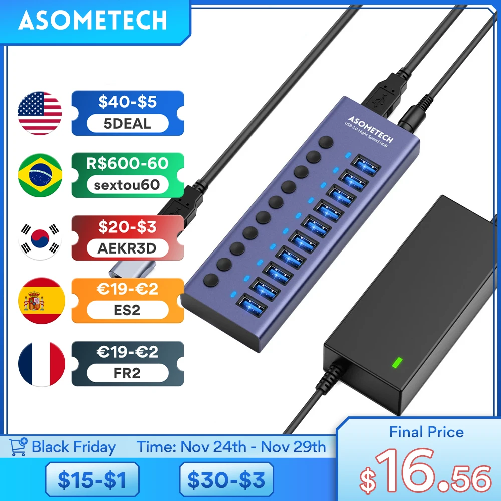 

Разветвитель USB 3,0 на 7/10 портов, 12 В, с выключателем