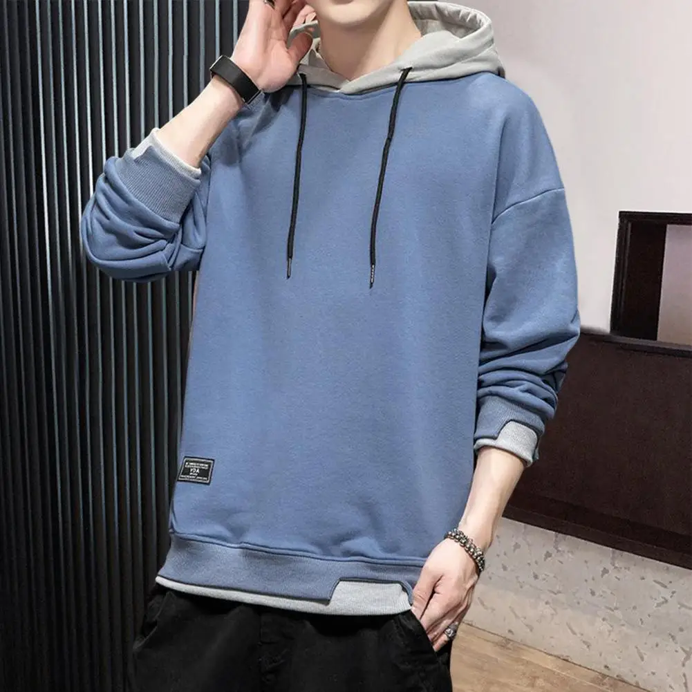 

Men Autumn Hoodie Contrasting Colors Hip Hop Loose Hoodie Casual Drawstring Winter Hoodie Thermal Pullover Elastic Cuff Hoodie
