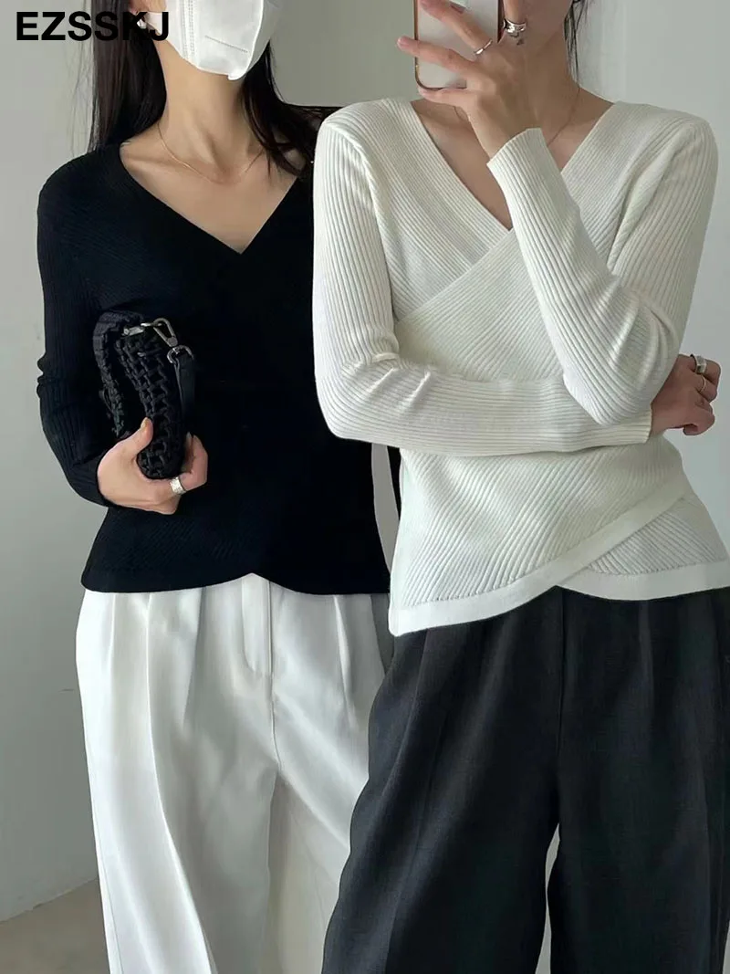 Женский облегающий свитер с V-образным вырезом повседневный пуловер длинным