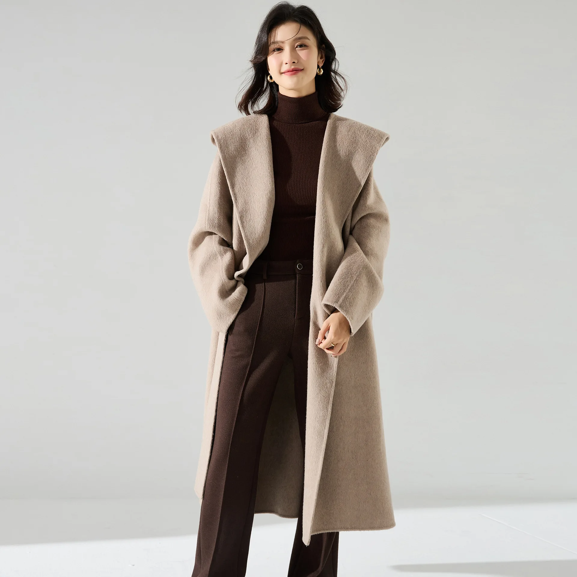 Зимнее шерстяное пальто женское длинное черное осеннее премиум-класса с