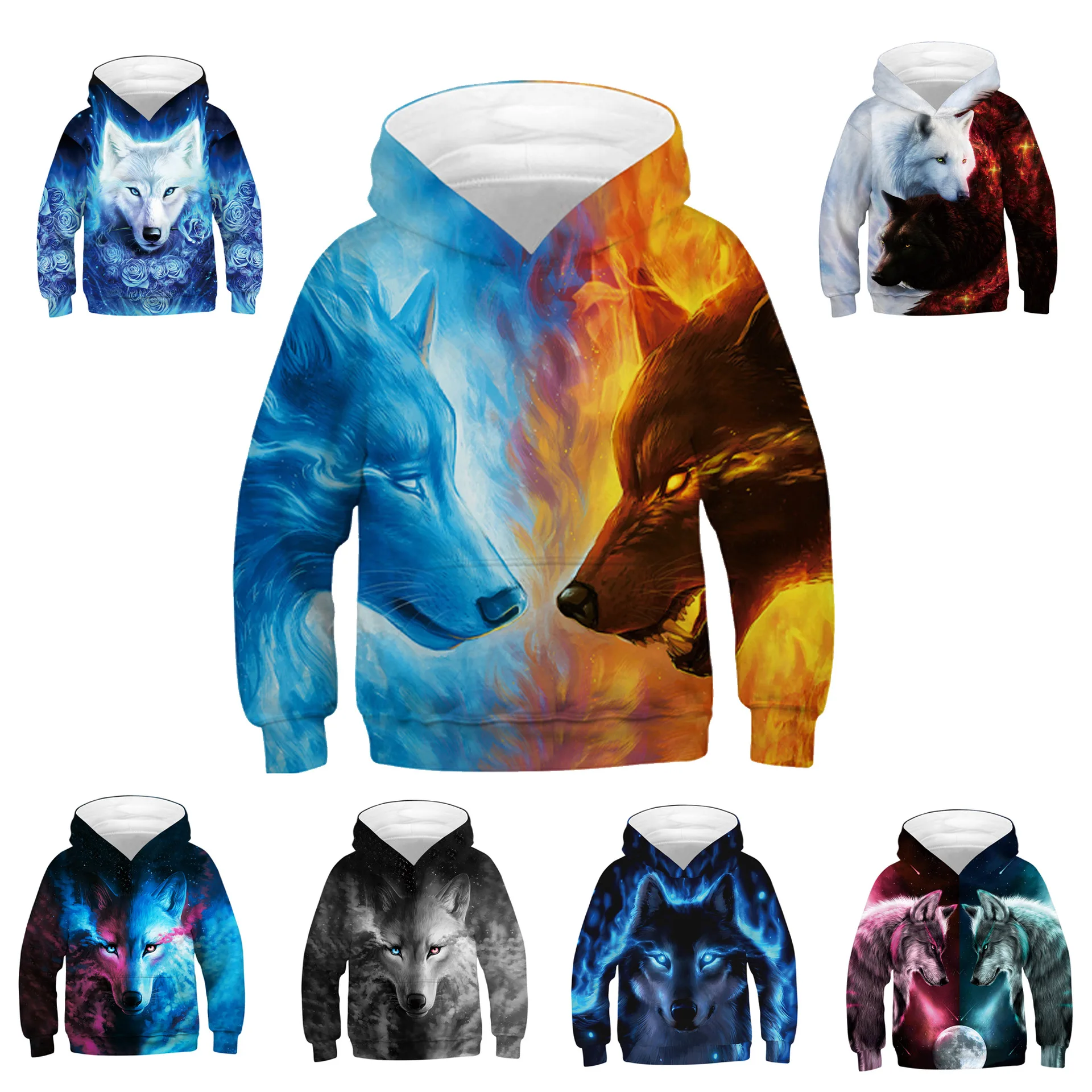 

Children's Long Sleeve Fashion Pullover Hooded Sweater Snow Wolf 3d Digital Printed Animal Wolf Pattern Hoodies For Student Gift