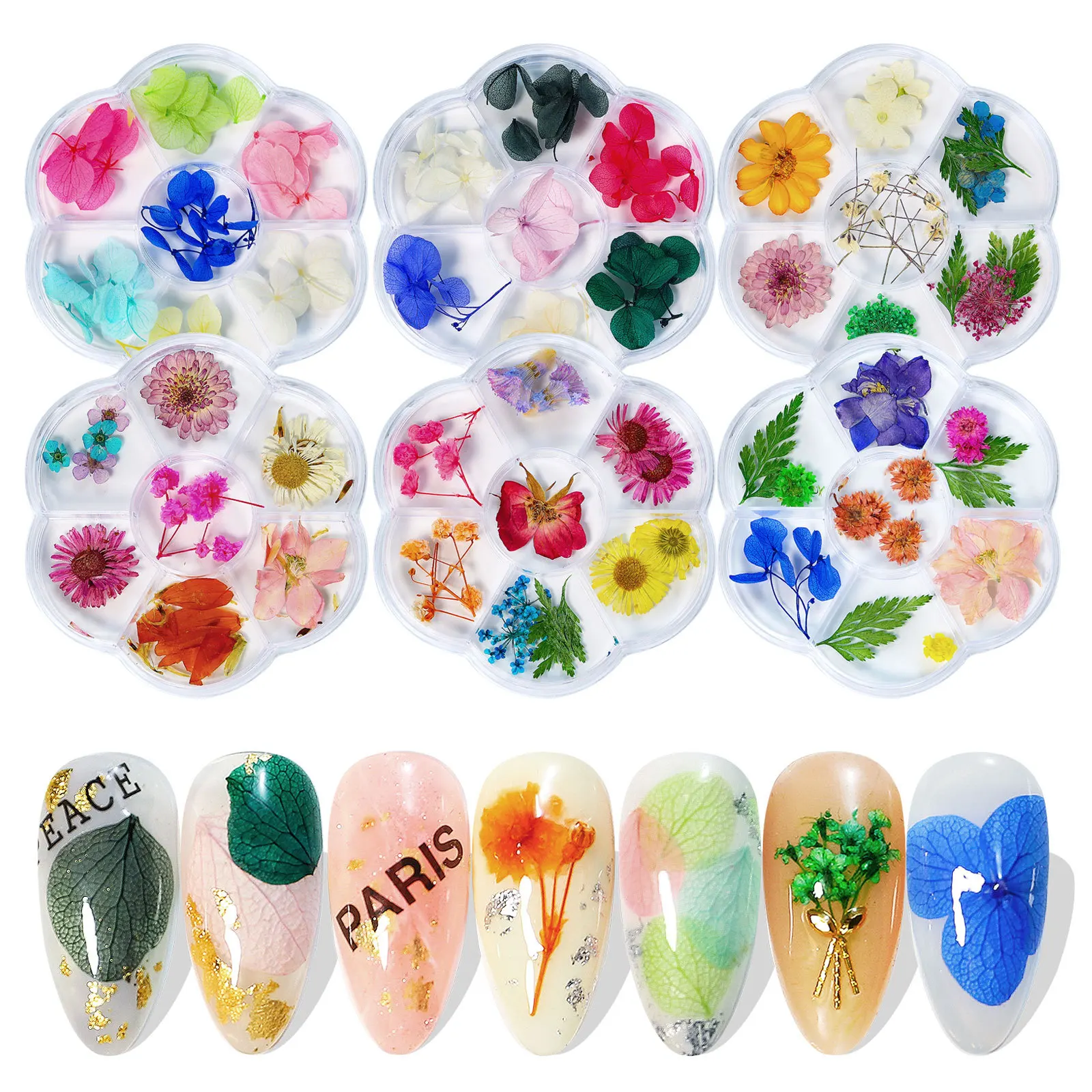 

6Packs Real Natural Petal Dry Flowers Nail Art Decorations Manicure Tools 7 Grids