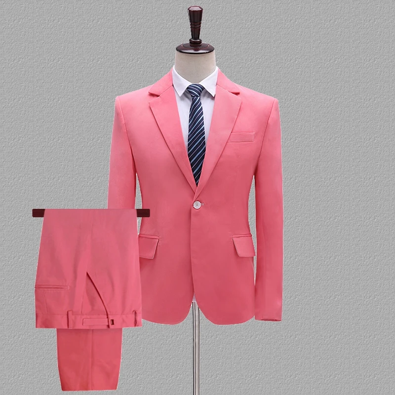 New 2022 Suits For Men Formal Pink Tuxedo Made 2 Pieces Blazer Four Seasons Slim Fit Hombre Tailcoat(Jacket+Pants)