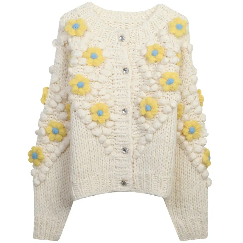 3D flower women cardigans Wool women crochet cardigans femme Yellow flower sweaters knitted tops Autumn Winter Fashion Korean