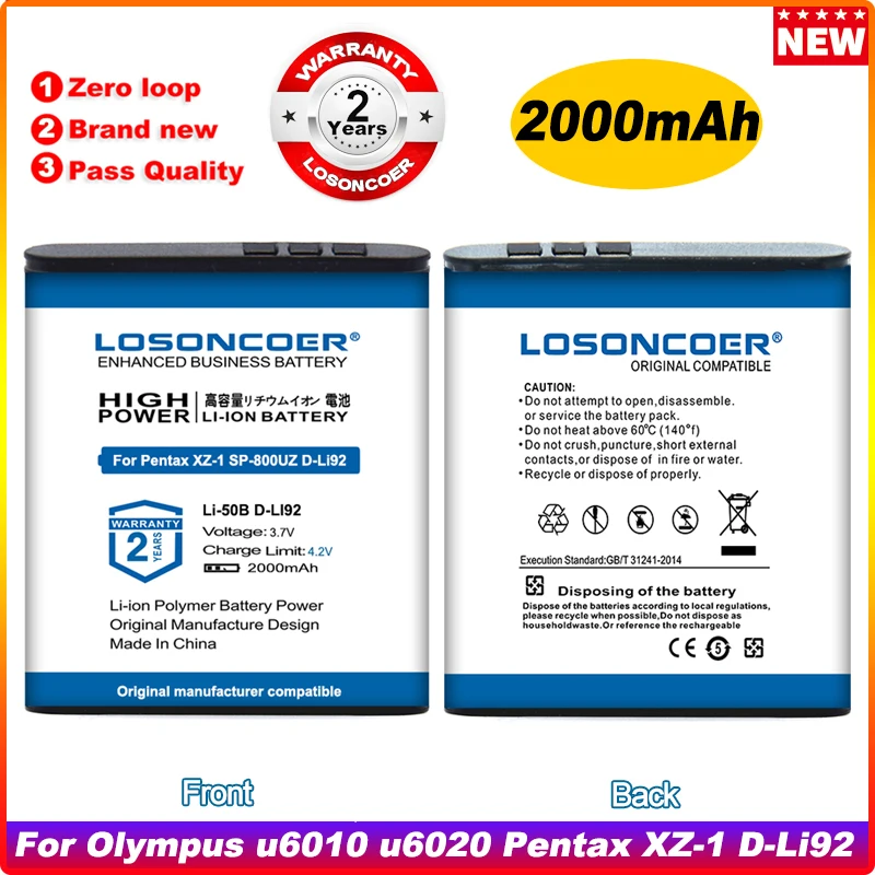 2000 мА/ч, Li-50B Li ion аккумулятор 50B Батарея для цифровой камеры Olympus U6010 U6020 Pentax XZ-1 SP-800UZ D-Li92 MJU 1010 1020 TG810 VR-340 SZ10 XZ-10,XZ10