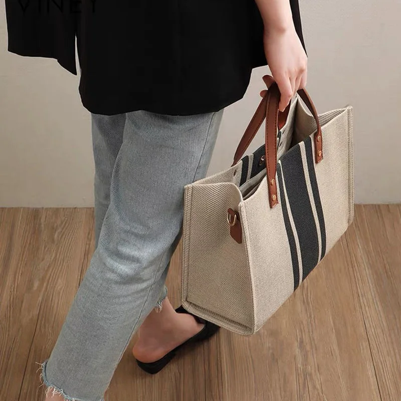 Women's Tote Stripe Bag Handheld Summer High Capacity Canvas Luggage Outer Crossbody Messager Bag Business Casual Handbag