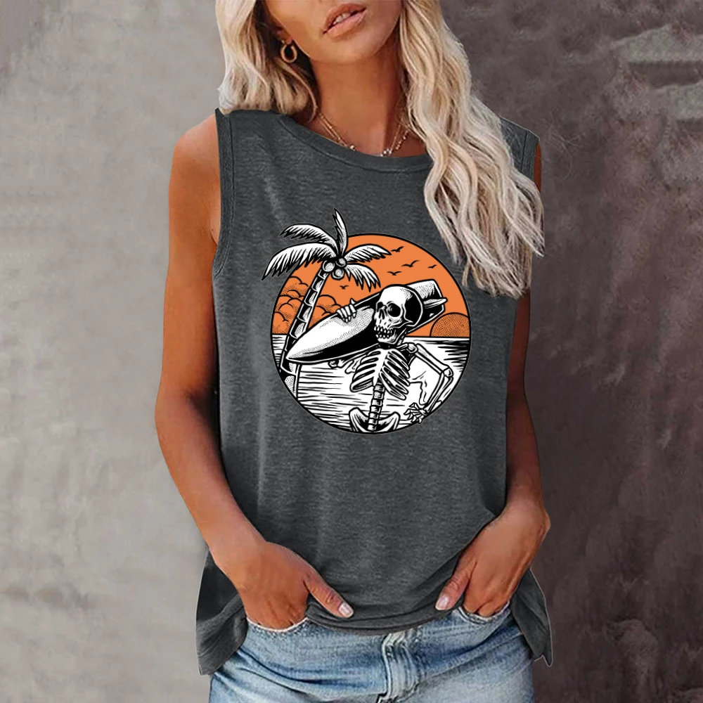 

Seeyoushy Surfer Skeleton Print Funny Women T Shirt New Summer Sleeveless Casual Graphic Tees 90s Femme Aesthetic Tops Clothes