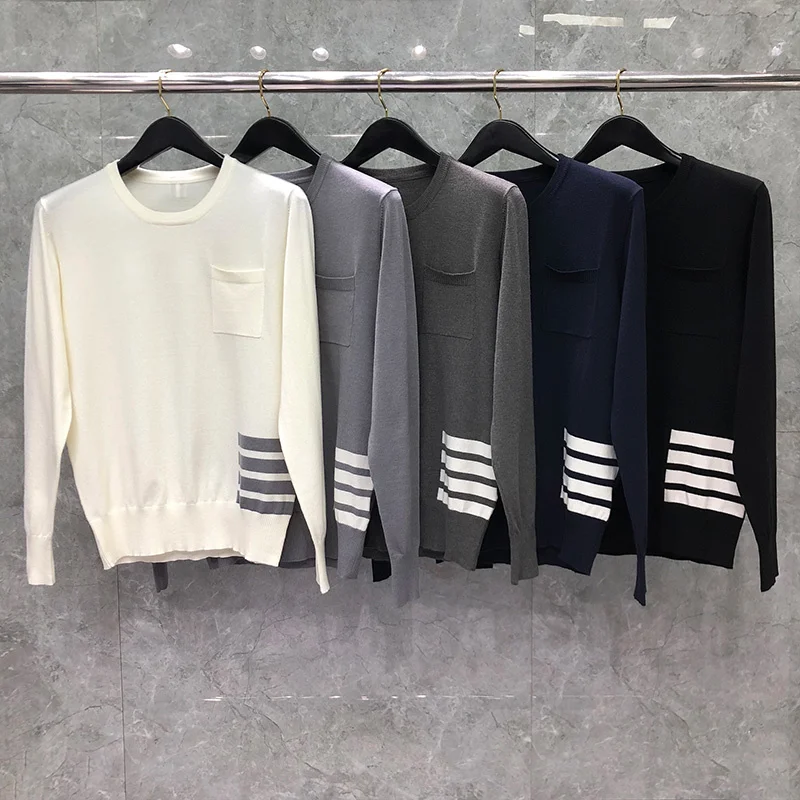 

THOM TB Sweater Spring Autunm Sweaters Male Fashion Brand Classic Cotton Botton Left 4-Bar Stripe CrewNeck Pollover Men's Coats