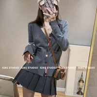 tb gray knitted cardigan women autumn and winter korean version of the v neck sweater four bar color block sweater coat