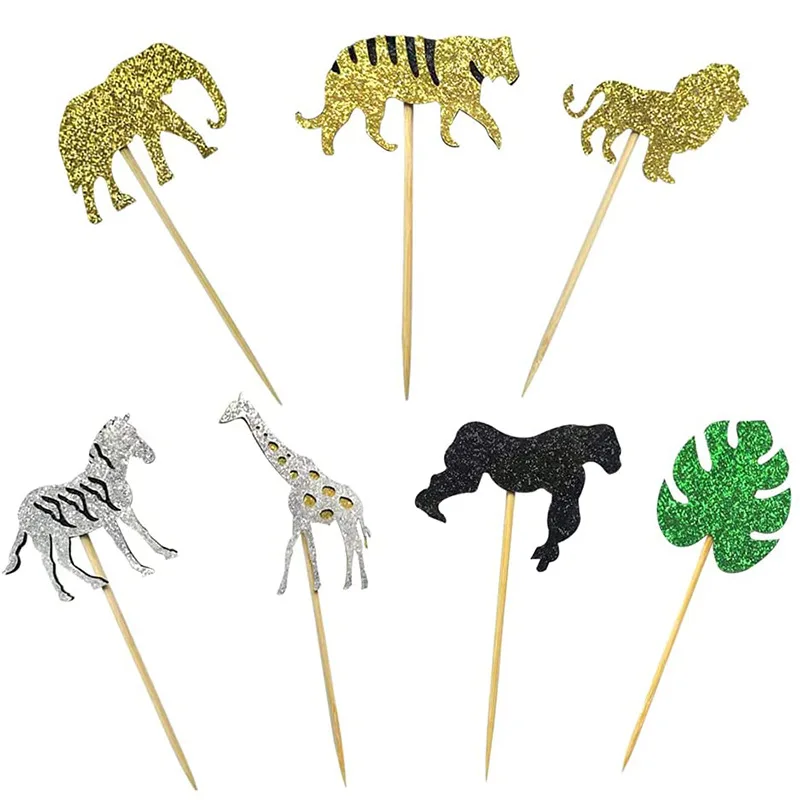 

1set Glitter Jungle Animal Cupcake Toppers Jungle Safari Birthday Party Decorations Kids 1st Birthday Cake topper Boys Gifts