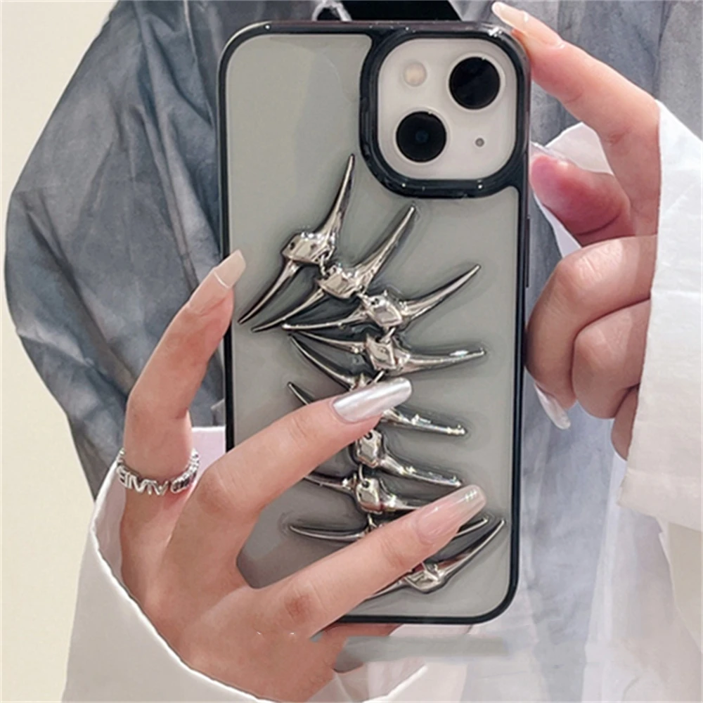 INS 3D Прозрачный чехол для телефона с металлической рыбьей костью iPhone 16 15 13 14 12 11 Pro