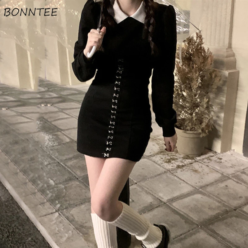 

Dresses Women Sexy Temperament A-line Fashion Long Sleeve Spliced Black High Elasticity 2022 New Design Mini Turn-down Collar