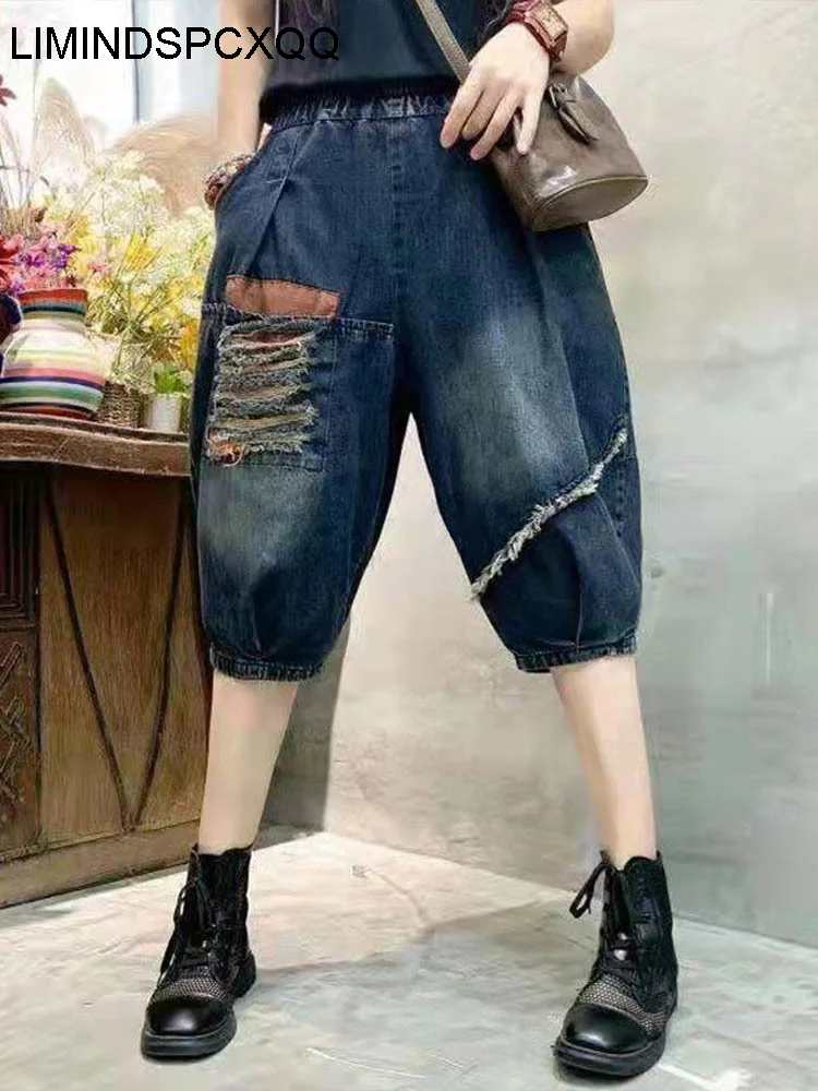 

LIMINDSPCXQQ Summer Fashion Korean Style Ladies Holes Vintage Jeans Loose Black Trousers Womens Causal Distressed Harem Pants