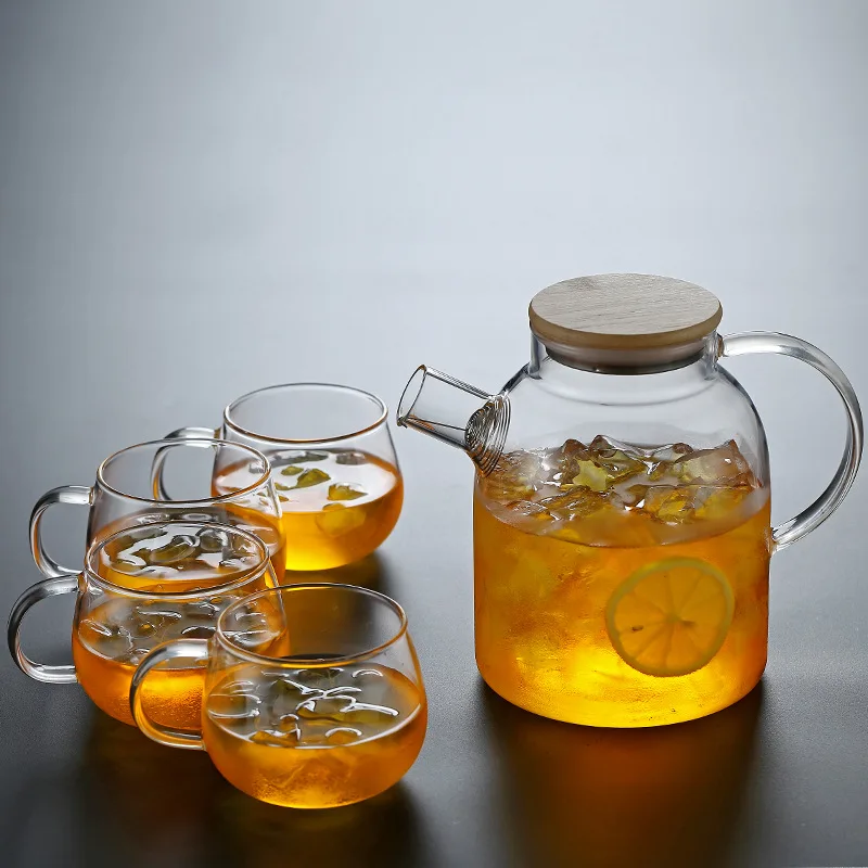 

5Pcs 1L/1.8L Transparent Glass Teapot Cup Set Heat-Resistant Large Capacity Flower Tea Pot Lemonade Water Bottle Kung Fu Kettle