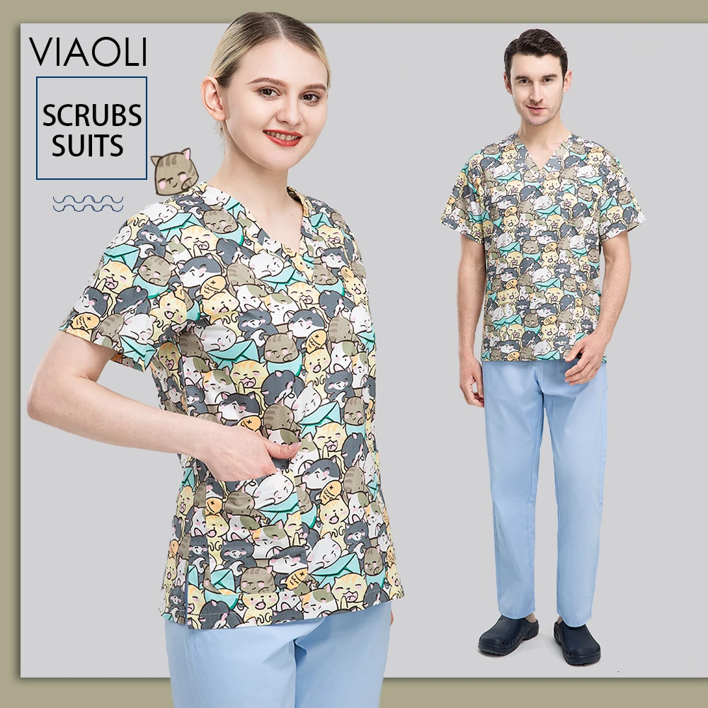 

Female Nurse Uniform Short Sleeve Neck Tops Working Spa Blouse Shirt Nursing Unisex Hairdresser Healthcare Tunic Medical Clothes