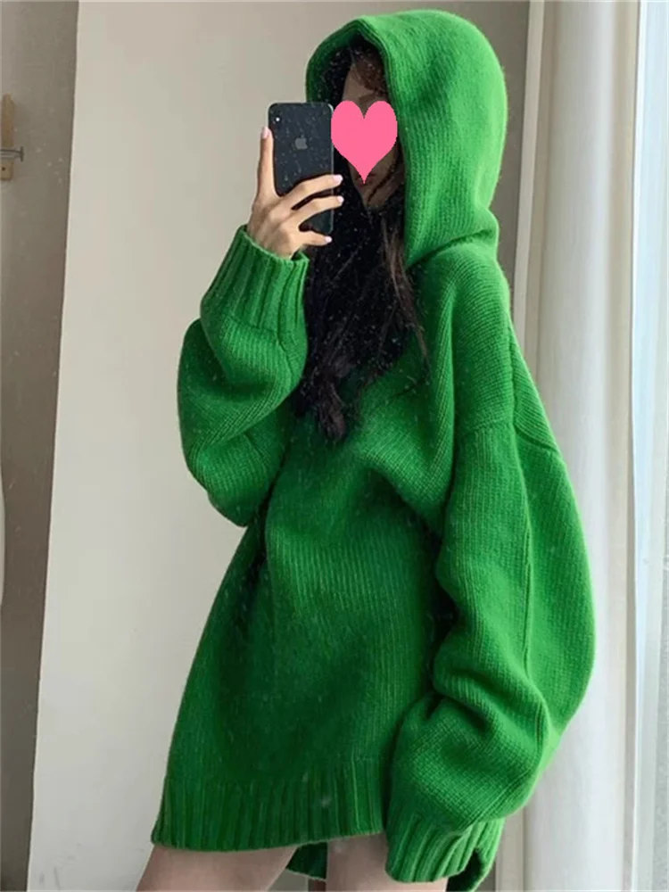 

Hsa 2022 Women Sweater and Pullover Hooded Knitted Jumpers Loose Oversized Chic Tops Women Harajuku Hippie Vintage Green Jumpers