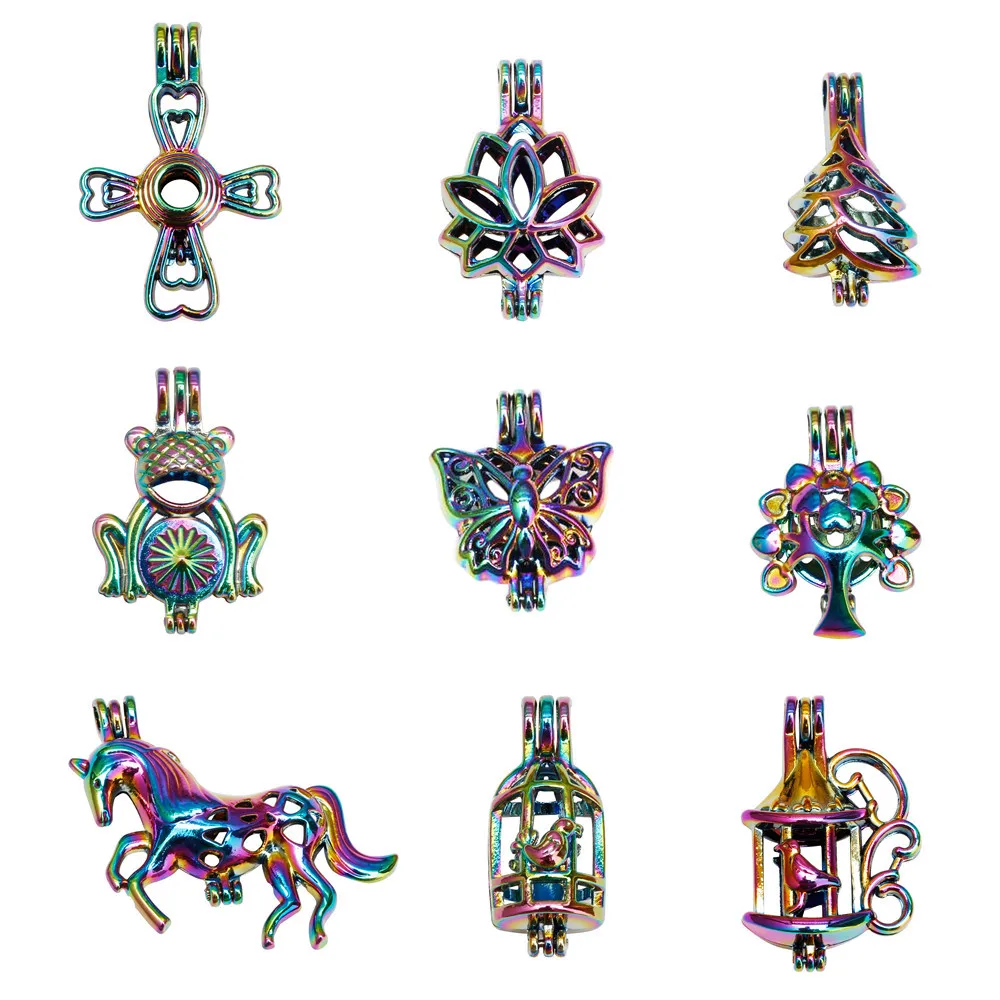 

10pcs Rainbow Color Pearl Cage Locket Pendants Crucifix Animal Drop Aromatherapy Essential Oil Diffuser Necklace Charms For DIY