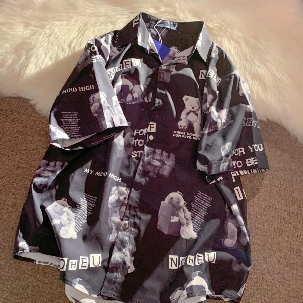 Рубашка мужская с принтом медведя винтажная пуговицами коротким рукавом Пляжная