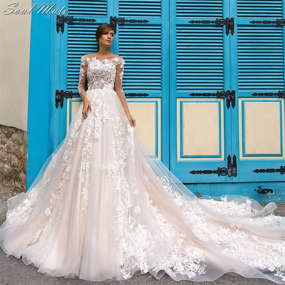 

Elegant Long Sleeve A Line Wedding Dresses 2022 For Women Bride Dress Lace Appliques Button Back Bridal Gowns Vestido De Noiva