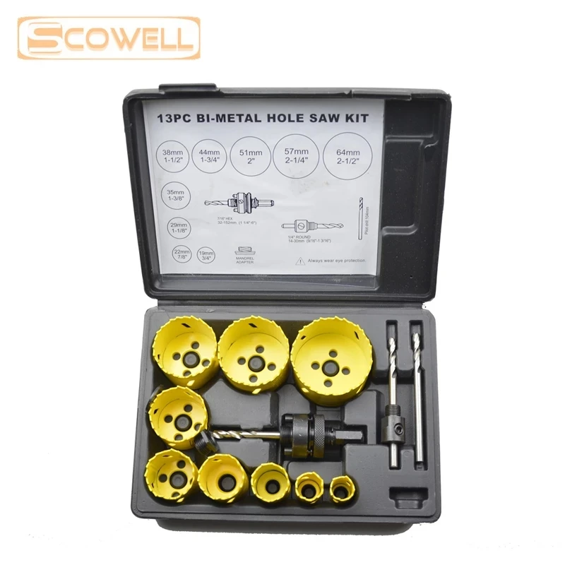 13pcs Hole Saw Cutter Kit 19mm to 64mm HSS Bi-metal Hole Openner Set Core Drill Bit Wood Metal Drilling DIY Tools Holesaw Bits