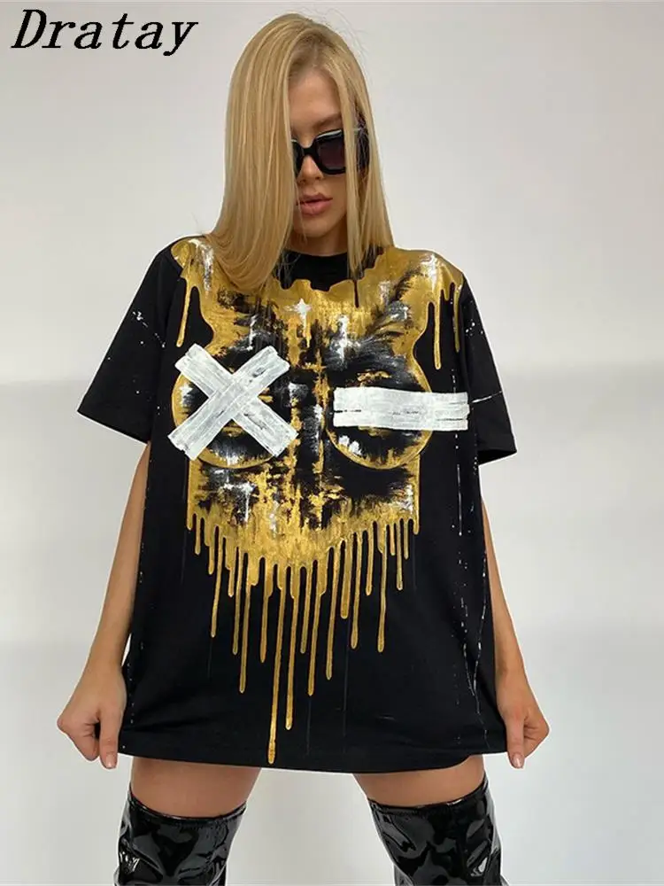 

Dratay Summer Black Graphic T Shirts For Women 2022 O Neck Short Sleeve Print Tops Female Casual Fashion Loose White Tee Shirts