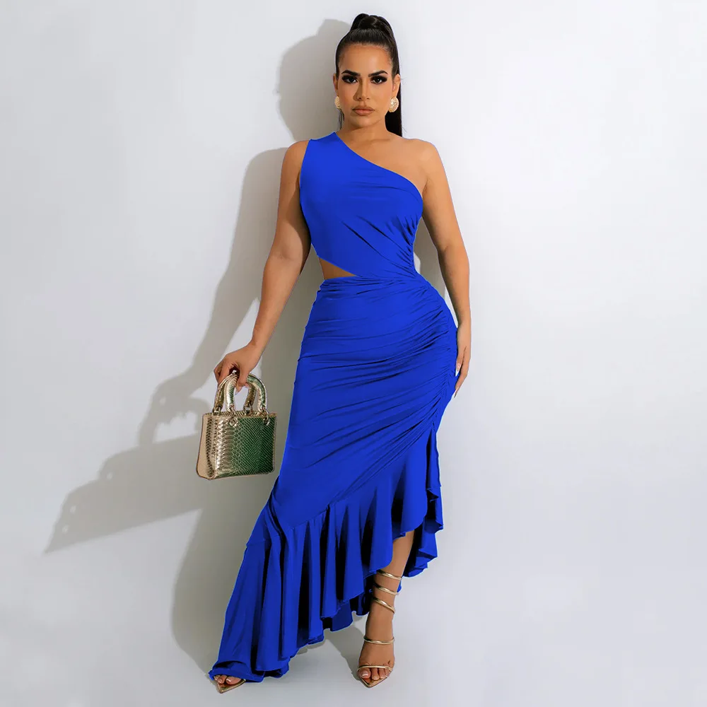 

2022 Fashion Summer Maxi Dress Sexy Slim Sleeveless One Shoulder Solid Irregular Lotus Leaf Women Ruffle Gown