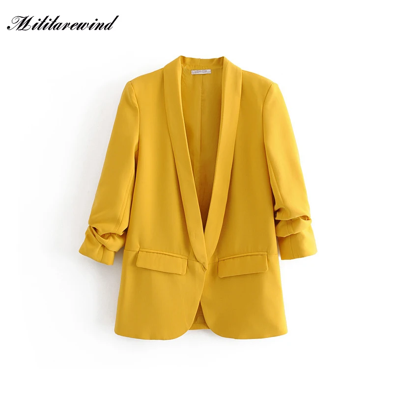 

Женский плиссированный пиджак, элегантный однотонный блейзер с отложным воротником и длинным рукавом, верхняя одежда для офиса, 2023