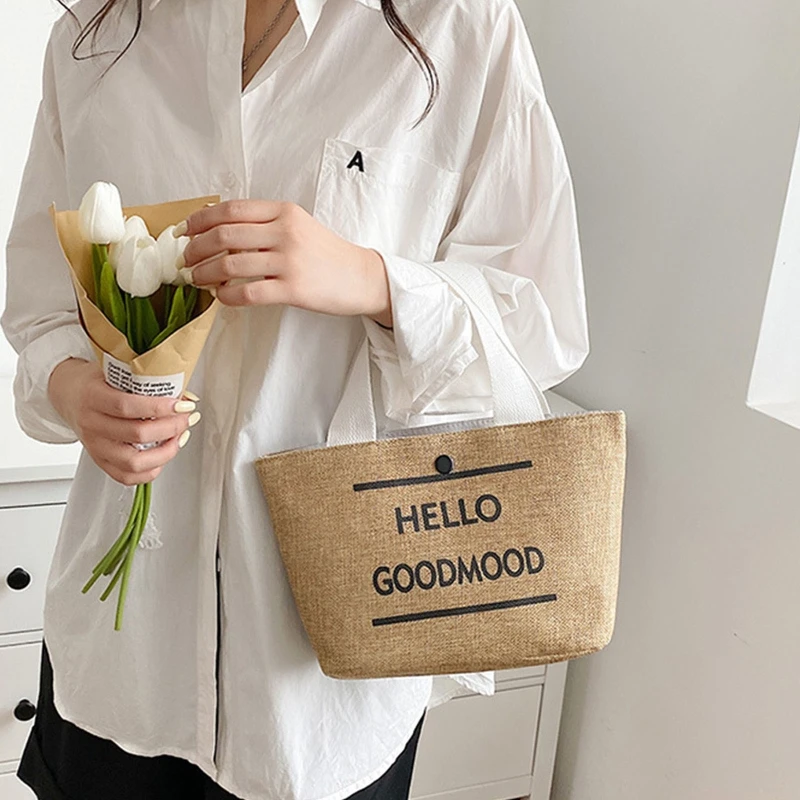 

Handmade Handbag Summer Beach Bag Straw Hand Woven Bag Storage Handbag Print Letters Tote Bag for Birthday Gift